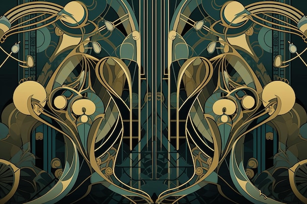 Design geométrico art nouveau abstrato com formas ousadas e detalhes metálicos