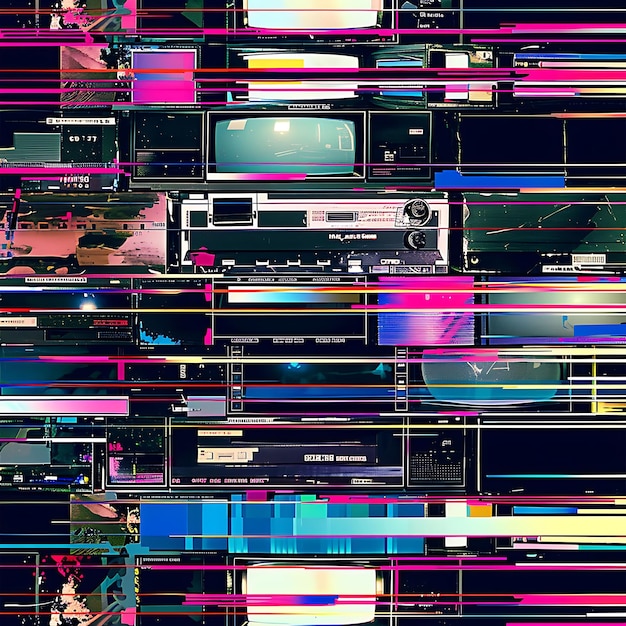 Foto design glitch lines mit verzerrten bildern und vhs tape dekorationen musterkunst y2k kreative idee.