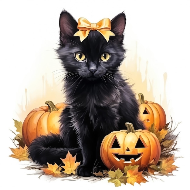 Design gráfico de arte de gato preto e abóbora de Halloween