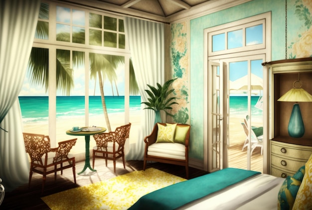 Design gráfico de quarto de hotel de resort de luxo de praia 3d modelo de fundo