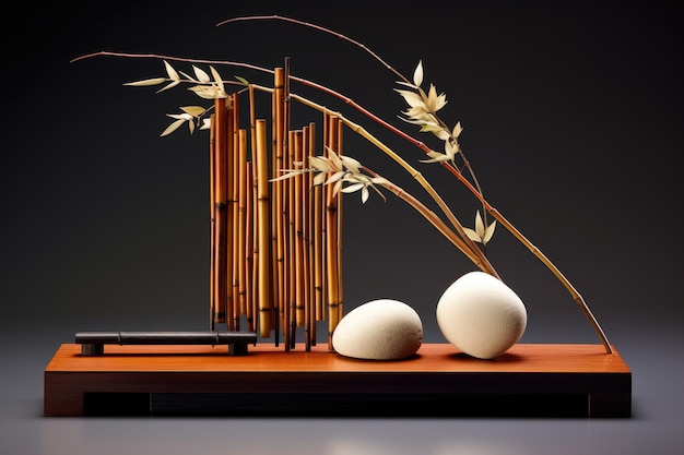 Design ikebana minimalista com bambu e pedras criadas com IA generativa