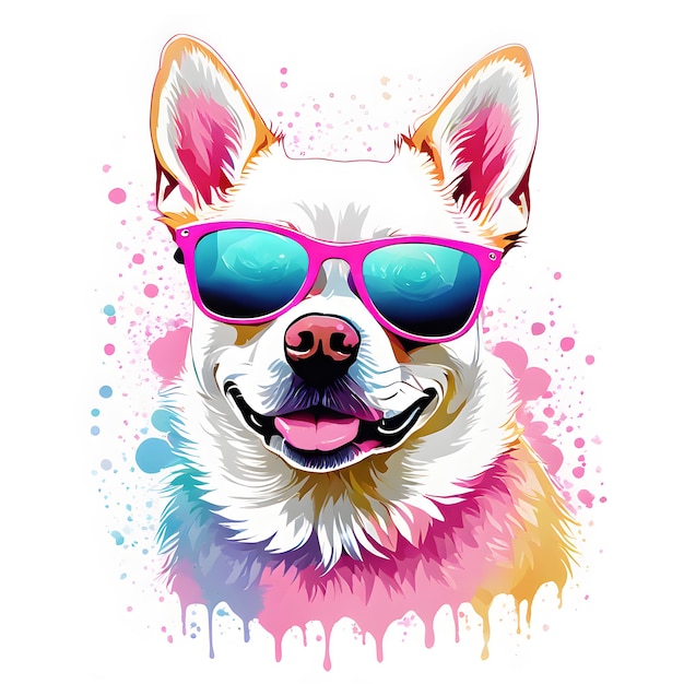 Design-Illustration für den T-Shirt-Druck BUNTER NETTER HUND MIT SONNENBRILLE