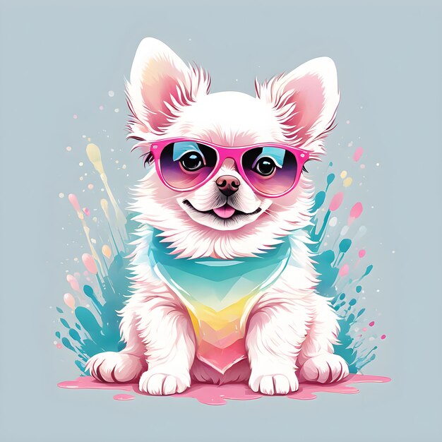 Design-Illustration für den T-Shirt-Druck BUNTER NETTER HUND MIT SONNENBRILLE