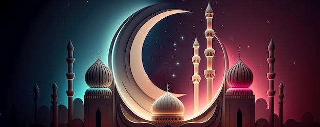 Design incrível da arquitetura da mesquita muçulmana, lua crescente, fundo estrelado, ramadan mubarak, conceito, IA gerativa, luzes brilhantes.
