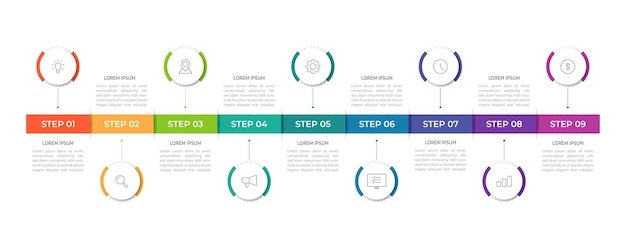 Design infográfico moderno com ícones e 9 opções ou etapas