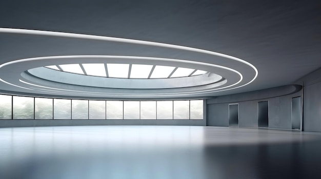 Design interior abstrato curvo renderização 3D de showroom moderno espaçoso