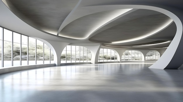 Design interior abstrato curvo renderização 3D de showroom moderno espaçoso