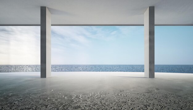 Design interior abstrato renderização 3D de showroom moderno com vista para o mar Vazio