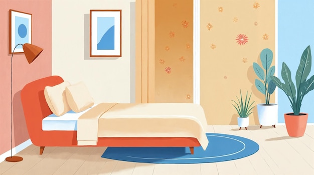 Design interior aconchegante de quarto com plantas e arte moderna