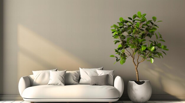 Design interior branco escandinavo de conforto com acentos de madeira de sofá aconchegante e espaço de vida elegante