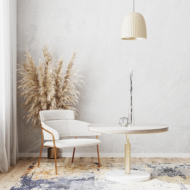 Design interior brilhante da sala com mesa de jantar redonda de luxo cadeira branca tapete de design moderno estilo escandinavo fundo interior da sala de jantar renderização 3D