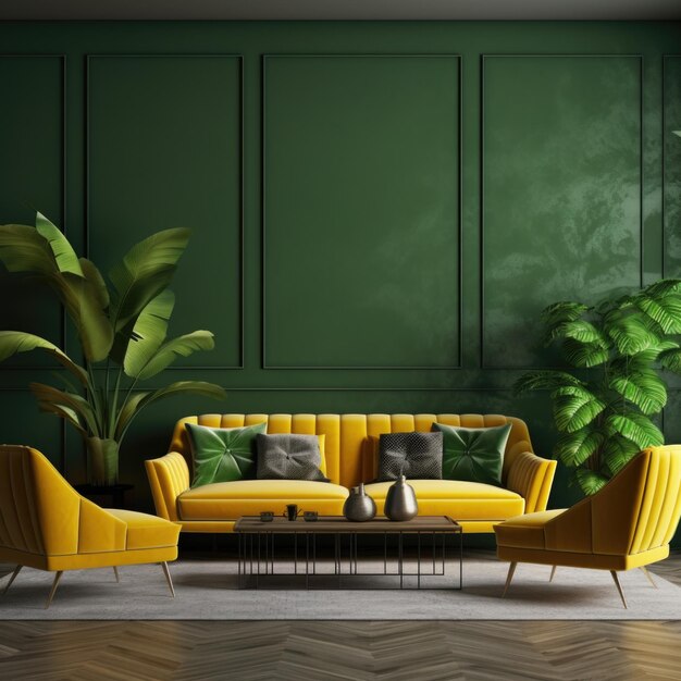 Design interior de apartamento moderno sofá amarelo na sala de estar poltronas verdes maquete de parede em casa