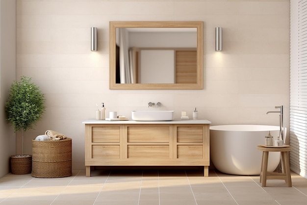 Design interior de banheiro moderno com banheira em estilo minimalista renderizado em 3D