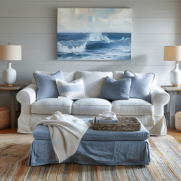 Design interior de casa de estilo costeiro com móveis de cor oceano branco e azul sala de estar