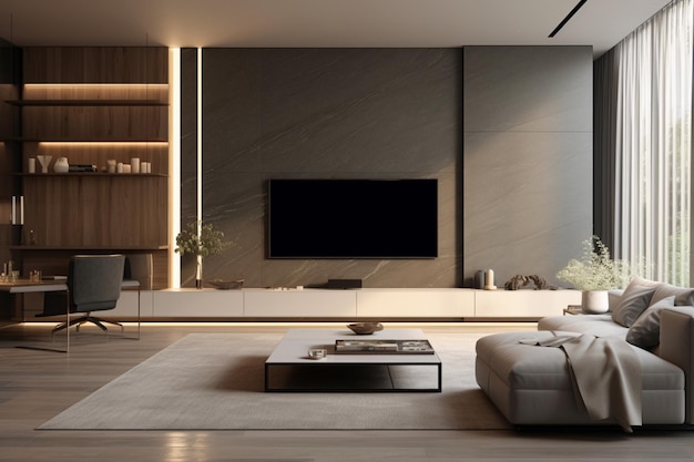 Design interior de estilo minimalista opulento da sala de estar moderna com uma TV