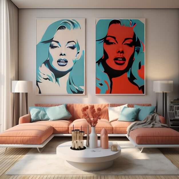 Design interior de estilo pop art da sala de estar moderna com dois sofás bege