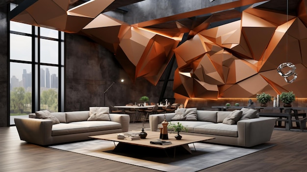 Design interior de loft de sala de estar moderna com vista abstrata