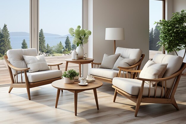 Design interior de meados do século de sala de estar moderna com cadeiras de estar e mesa de café de madeira redonda
