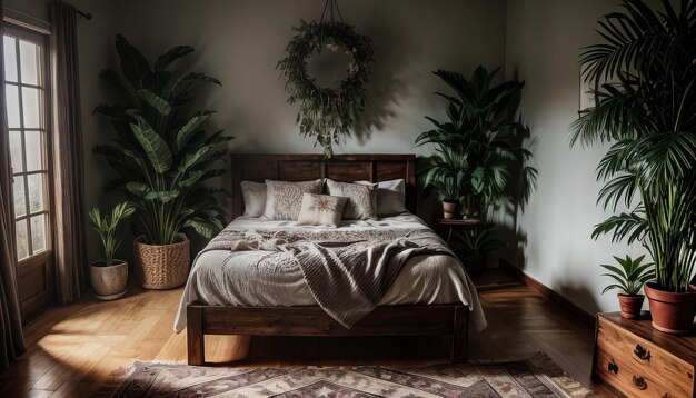 Design interior de quarto de estilo boho com plantas