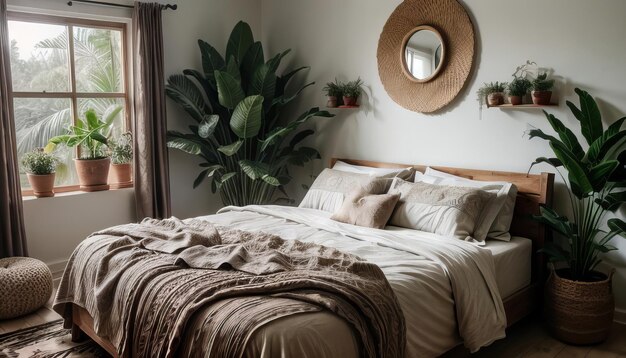 Design interior de quarto de estilo boho com plantas