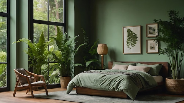 Design interior de quarto verde com cama de madeira e plantas