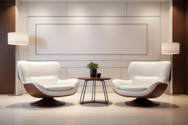 Foto design interior de sala de estar com cadeira giratória de couro branco e parede de madeira escura