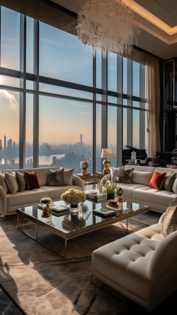 Design interior de sala de estar de luxo moderno com vista panorâmica da cidade