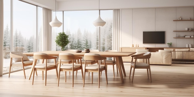Design interior de sala de estar moderna Mesa de jantar de madeira e cadeiras em apartamento escandinavo