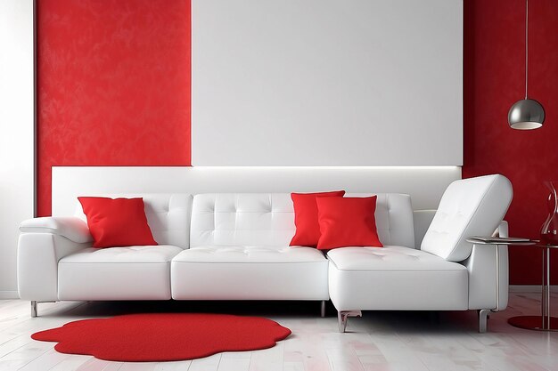 Foto design interior de sofá branco moderno em fundo de parede vermelho