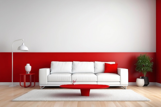 Design interior de sofá branco moderno em fundo de parede vermelho