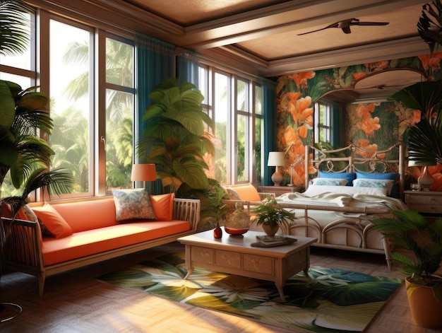 Design interior de um apartamento estúdio de sonho de estilo tropical com quarto minimalista