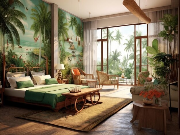 Design interior de um apartamento estúdio de sonho de estilo tropical com quarto minimalista