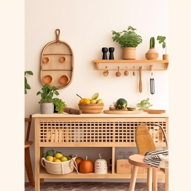 Design interior de um espaço de cozinha com móveis de rattan