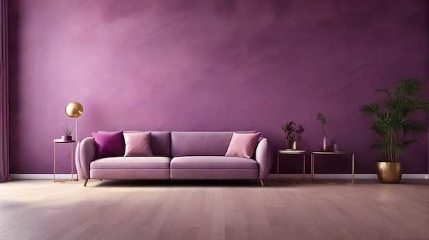 design interior de uma sala de estar com fundo de cor roxa