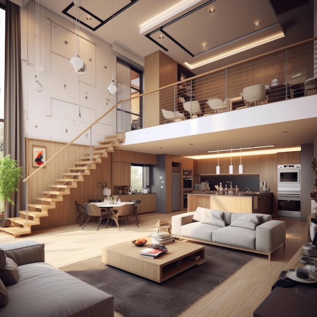 Design interior de uma sala de estar estilo loft apartamento de dois andares renderização 3D