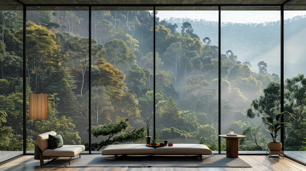 design interior de uma sala espaçosa com grandes janelas contra um fundo de natureza