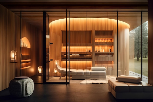Design interior de uma sauna minimalista a madeira