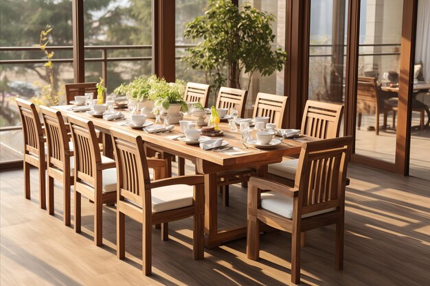 Design interior elegante de sala de jantar moderna com mesa de jantar elegante e cadeiras de madeira