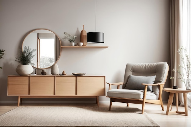 Design interior escandinavo de sala de estar com poltrona e prateleiras de madeira