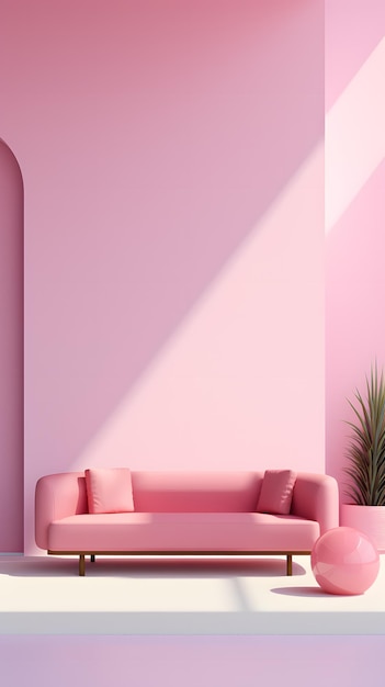 Design interior minimalista de sala de estar com móveis modernos cor-de-rosa
