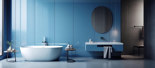 Design interior minimalista em uma casa de banho azul contemporânea