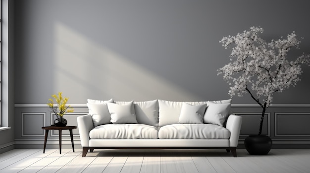 Design interior minimalista moderno de sala monocromática clara e brilhante com mobília preta e branca