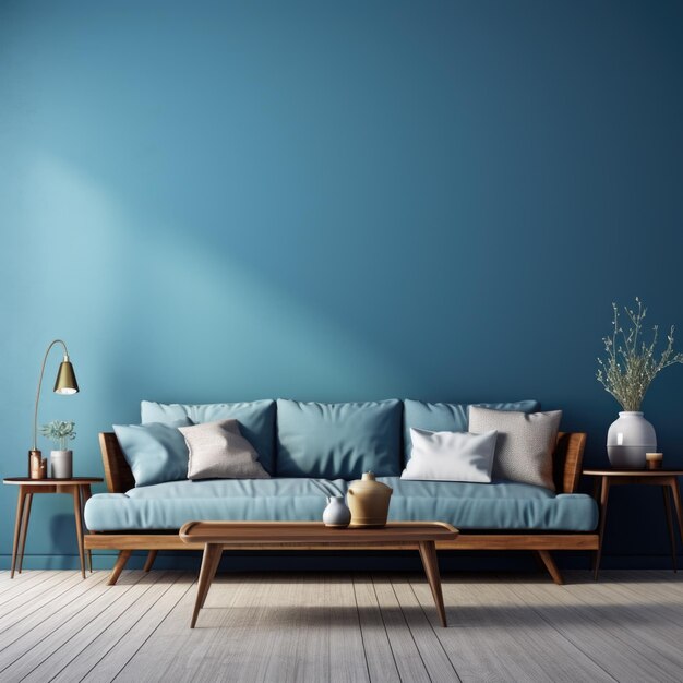 Design interior moderno da sala de estar Sofa azul e mesas de café de madeira sobre parede azul