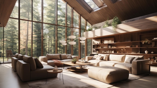 Foto design interior moderno de sala de estar com grandes janelas e paredes de madeira