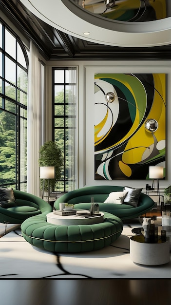 Design interior moderno de sala de estar com sofá verde e pintura abstrata
