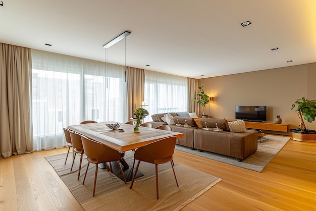 Design interior moderno de sala de jantar de apartamento com mesa e cadeiras sala de estar vazia com panorama de parede bege