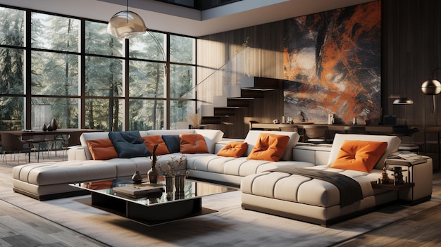 design interior moderno de uma sala com lareira de madeira ilustração 3d