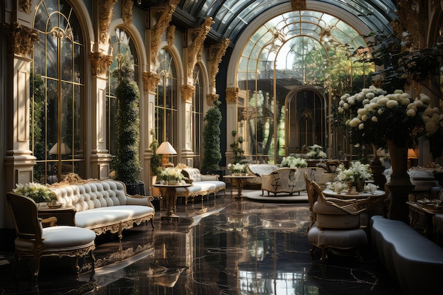 Design interior moderno e elegante de um luxuoso lobby de hotel com um toque de luxo e prestígio
