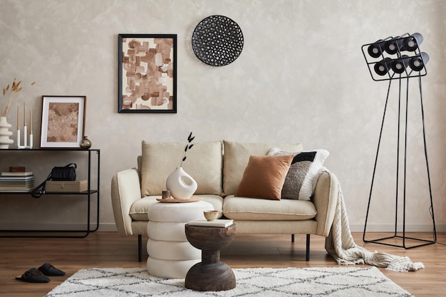 Design interior moderno e minimalista da sala de estar com sofá, console, moldura de pôster simulada, abajur e acessórios pessoais elegantes. Copie o espaço. Modelo.