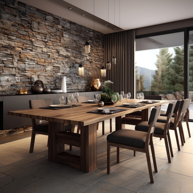 Design interior rústico de sala de jantar moderna com parede de painel de pedra